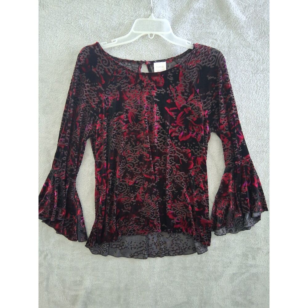 Whimsigoth Top Sm Velvet Burnout Black Red Pink Dark Floral Bell Sleeve Stretch